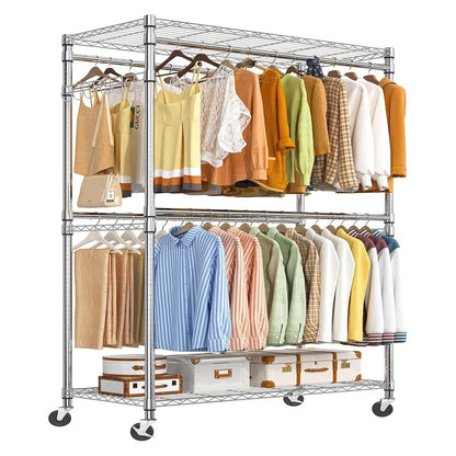Simple Trending Heavy Duty Clothes Rack Clothing Rack with Wheels and 4 Hanging Rods, Adjustable Rolling Garment Racks, Load 560 LBS, Chrome