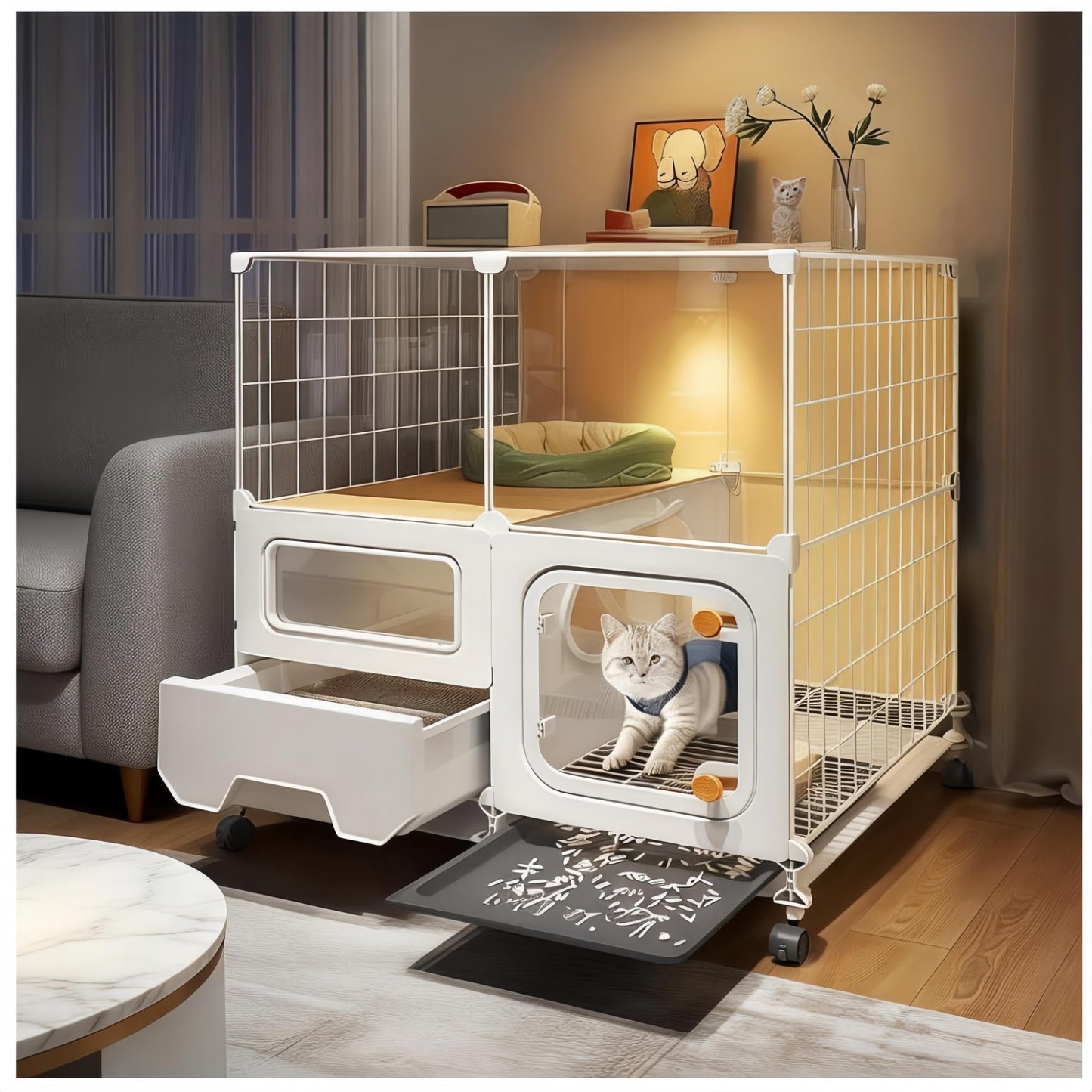 cat cage Indoor with Litter Box, Complimentary Bed, Bowl,Cleaning Three piece Set,cat Enclosure, Kennel,Pet Cage, Cat House with Wheels(28″(L) x18.1″(W) x32.3″(H)