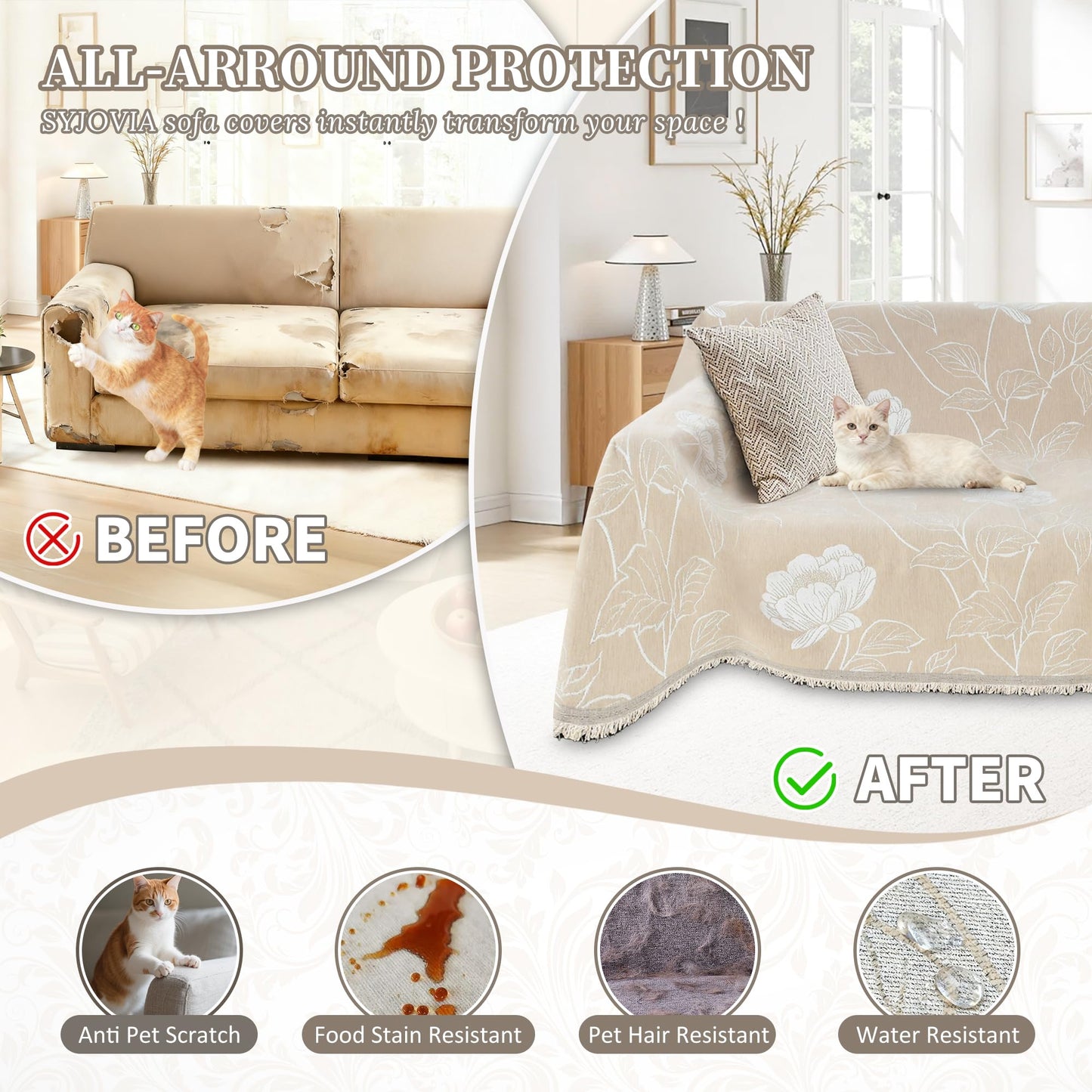 SYJOVIA 1OO% Waterproof Sectional Couch Covers for Dogs L Shaped Corner Sofa Cover Washable Chenille Sofa Slipcovers Blanket Modern Jacquard Pet Furniture Protector (91"x276", Beige Flower)