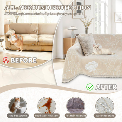 SYJOVIA 1OO% Waterproof Sectional Couch Covers for Dogs L Shaped Corner Sofa Cover Washable Chenille Sofa Slipcovers Blanket Modern Jacquard Pet Furniture Protector (91"x276", Beige Flower)