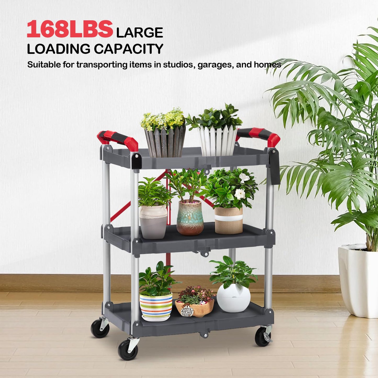 Garvee Collapsible Folding Utility Cart with Wheels, 3 Tier Rolling Service Cart for Kitchen, Office, Shopping, Garage