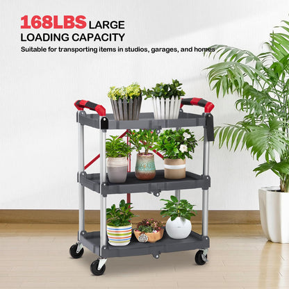 Garvee Collapsible Folding Utility Cart with Wheels, 3 Tier Rolling Service Cart for Kitchen, Office, Shopping, Garage