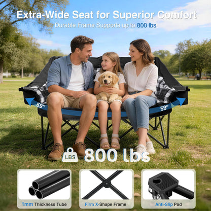 Suteck Double Camping Chair Padded 2 Person Camping Chair Camping Loveseat - Heavy Duty Oversized Camping Couch for Adults - Portable Folding Sofa w/Glass Holders&Cooler Bags for Outdoor Lawn Beach