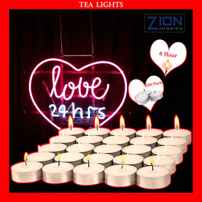 Zion Judaica Quality Tealight Candles 6 Hour Long Burn Time Unscented Set of 200 - Stark White