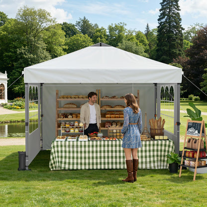 Raynesys Pop Up Canopy Tent with Sidewalls, 10x10ft 10 Person Party Tent One Push Setup, Portable Gazebo Outdoor Sun Shade for Events, Parties, Camping, Commercial, Silver Coated Top, White