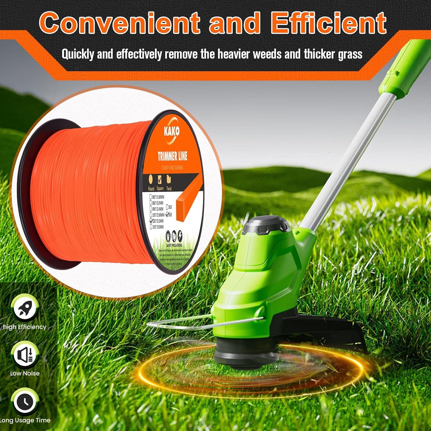 KAKO 130 Trimmer Line - Durable .130 Inch Square Weed Eater String | 720 Ft | Commercial Nylon
