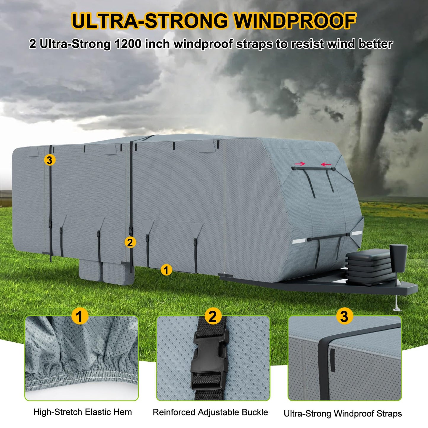 DenForste RV Cover 33-35ft, Travel Trailer Heavy Duty Extra-Thick 8 Layers Anti-UV Waterproof Windproof Camper Cover with Tongue Jack Cover, Extra Windproof Ropes, Gutter Covers