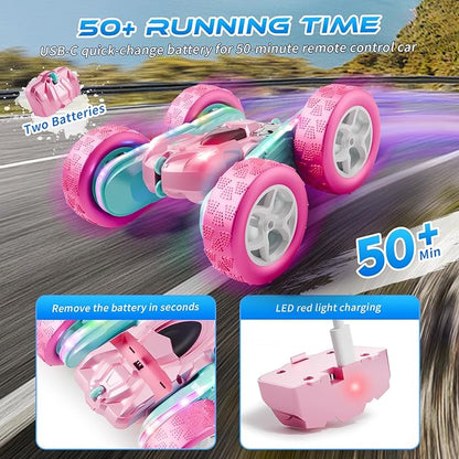 RC Car Pink 4WD Remote Control Car 360° Flip Double‑Sided LED Light Bar &amp Quick‑Swap USB‑C Modular Battery 2.4 GHz No‑Interference Popular Outdoor Beach Toy Popular Gift for Girls Ages 6‑12