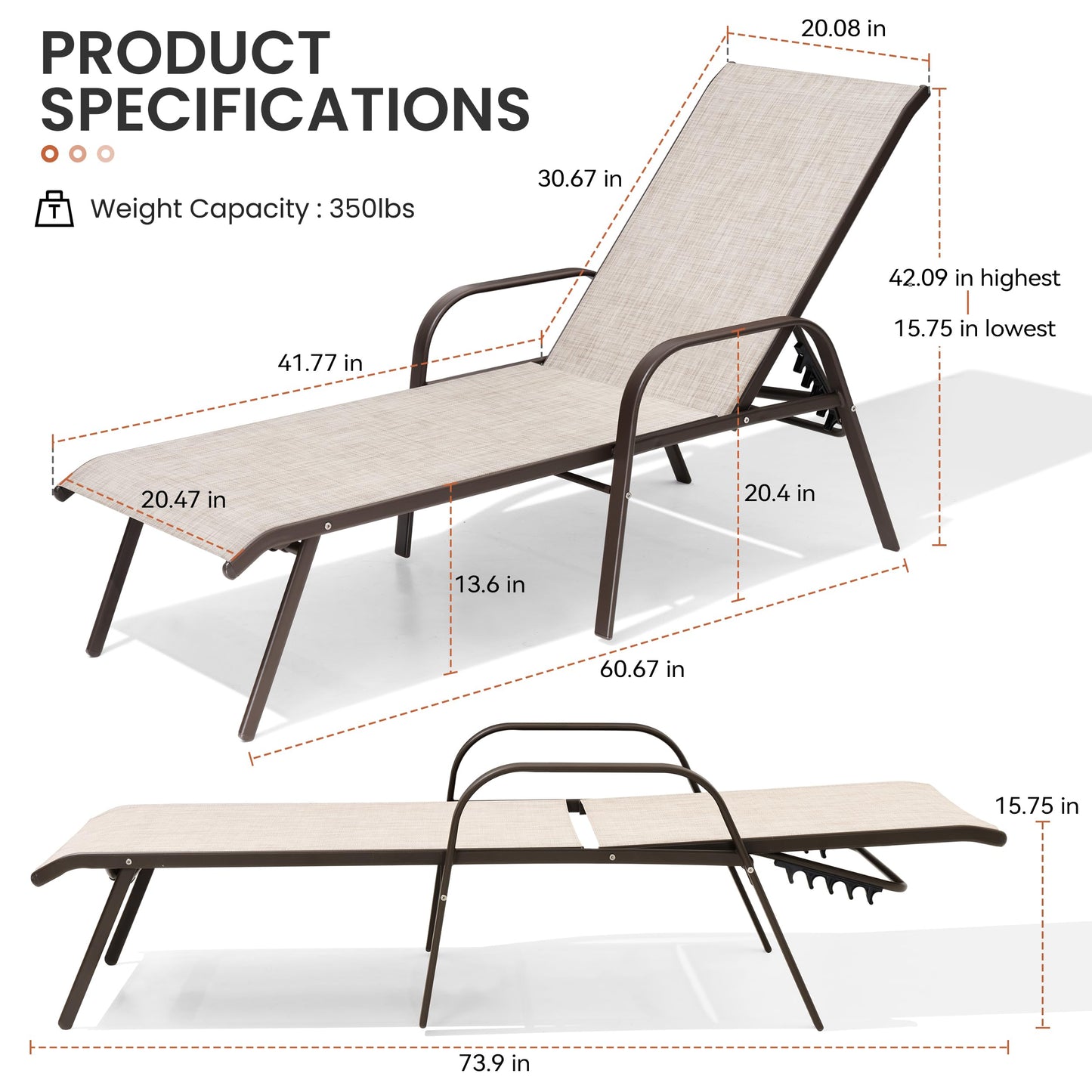 Crestlive Outdoor Chaise Lounge Chair,5-Position Pool Lounge Chairs with Armrests Sunbathing Recliner for Patio,Beach,Deck,Yard (2PC Beige)