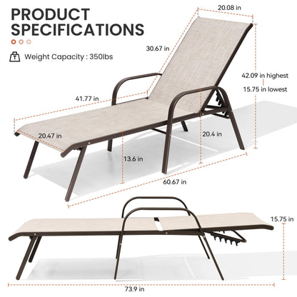 Crestlive Outdoor Chaise Lounge Chair,5-Position Pool Lounge Chairs with Armrests Sunbathing Recliner for Patio,Beach,Deck,Yard (2PC Beige)