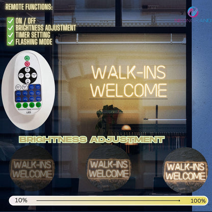 Walk-Ins Welcome Neon Sign (LARGE Sign 24x10", Remote Included) Open Led Light Neon Light Walkins Welcome Sign Walk Ins Welcome Sign For Salon Business Welcome Signs (GoldYellow - 24x10")