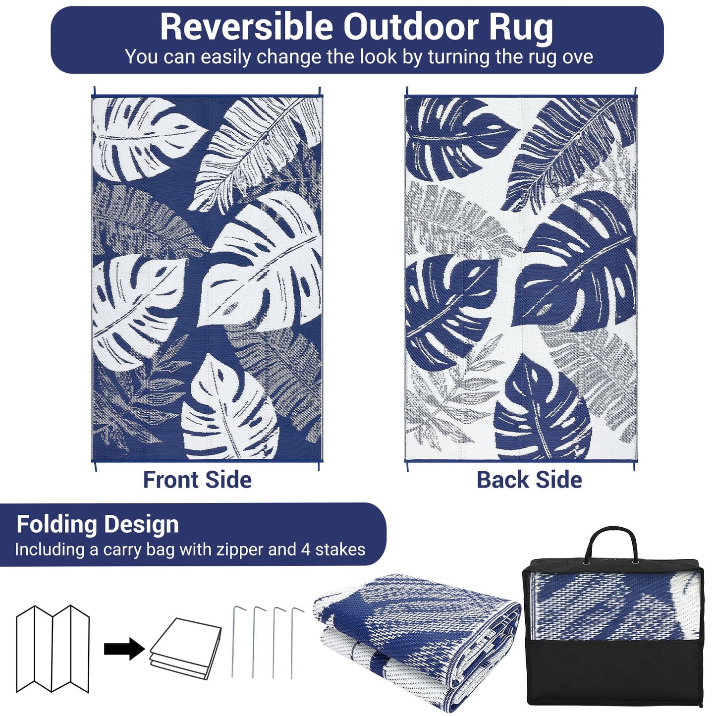 IDEALHOUSE Outdoor Rug 9x18 Ft, Waterproof Plastic Reversible Rug, Modern Leaf Pattern Plastic Camping Mat for Outdoors, RV, Patio, Backyard, Deck, Picnic, Beach, Traile(Dark Blue & White)