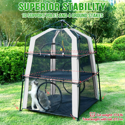 CypherX Extra Large Catio Outdoor Cat Enclosure, 3-Tier Cat Tents with Tunnels for Indoor Cats/Pop Up Cube, Cat Tower Playpen with 2 Tunnels and Tents, Portable Pet Playhouse for Outside, Patio(Grey)