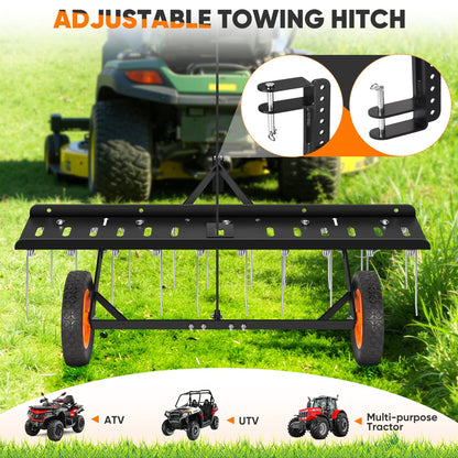 AugFir 48-Inch Tow Behind Dethatcher, Pull Behind Lawn Dethatcher with 20 Spring Steel Tines, Lawn Sweeper Garden Aerator Grass Tractor Rake, Adjustable Hitch Riding Lawn Mower Tractor Attachment