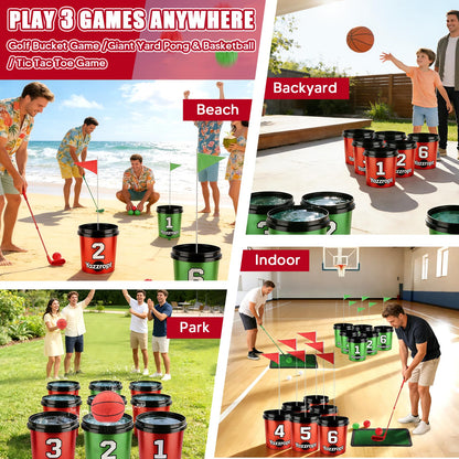 Yazzropt Giant 3-in-1 Outdoor Backyard Party Game Set – Bucket Golf, Yard Pong Basketball & Toss Games – Large Outdoor/Indoor Lawn Games for Adults & Families, Beach & Camping