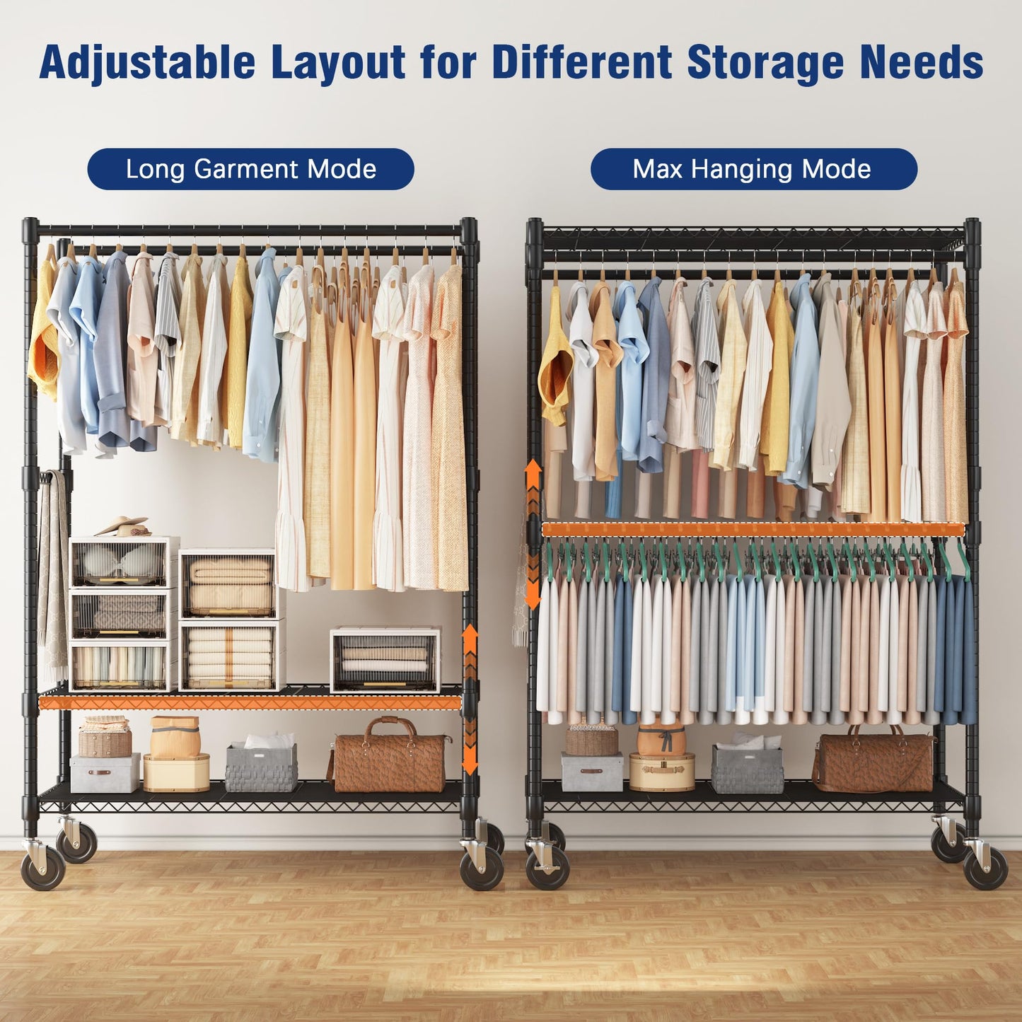 Homdox Heavy Duty Rolling Clothes Rack, Adjustable Clothing Rack for Hanging Clothes, Portable Closet Rack with 4 Hanging Rods, 2 Storage Shelves, 35.5" W x 20.5" D x 80" H, Black