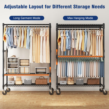 Homdox Heavy Duty Rolling Clothes Rack, Adjustable Clothing Rack for Hanging Clothes, Portable Closet Rack with 4 Hanging Rods, 2 Storage Shelves, 35.5" W x 20.5" D x 80" H, Black