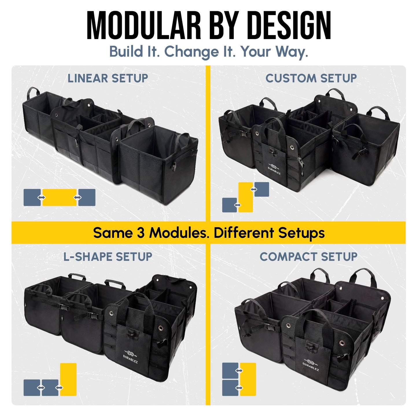 DURABLEZ Trunk Organizer 5-Section Modular XL Car Storage System – Extra Large Cargo Organizer for Car Trunk, Foldable Multi-Compartment Auto Organizer, Heavy Duty Oxford 1680D – Black
