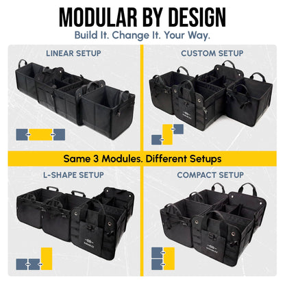 DURABLEZ Trunk Organizer 5-Section Modular XL Car Storage System – Extra Large Cargo Organizer for Car Trunk, Foldable Multi-Compartment Auto Organizer, Heavy Duty Oxford 1680D – Black