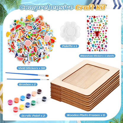 Fovths 24 Packs Summer Picture Frame Painting Craft Kit with 150 Stickers 2 Rhinestone Stickers Painting Tools Set 4 Brushes for DIY Kids Crafts Decorate