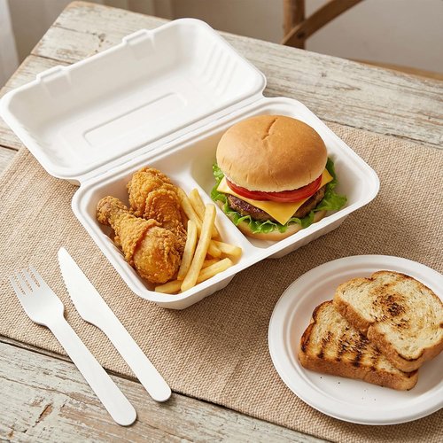 Elsjoy 90-Pack Compostable Clamshell Take Out Containers - 2-Compartment, 9" x 6", Microwave Safe