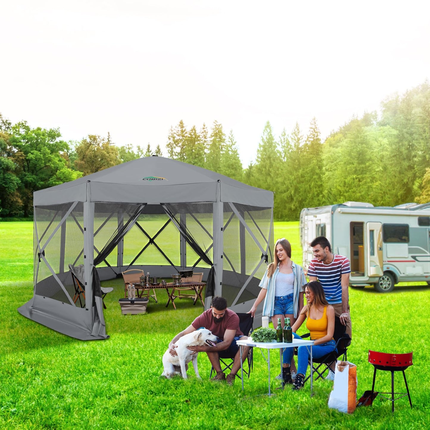 COBIZI 15x15 FT Pop Up Gazebo - Canopy Tent, Large Gazebos On Clearance,Instant Screened in Gazebo,carpas para Patio,Portable Screen Tents for 12-15 Persons Outdoor Camping, Backyard,Gray