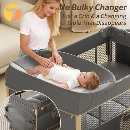 Trimigo 4-in-1 Pack and Play with Bassinet, Bedside Sleeper, Playard, and Changing Table, Folding Travel Crib with Musical Toy Rack & Bag, 4-Level Height Adjust, Newborn to Toddler（Ivy Gray）