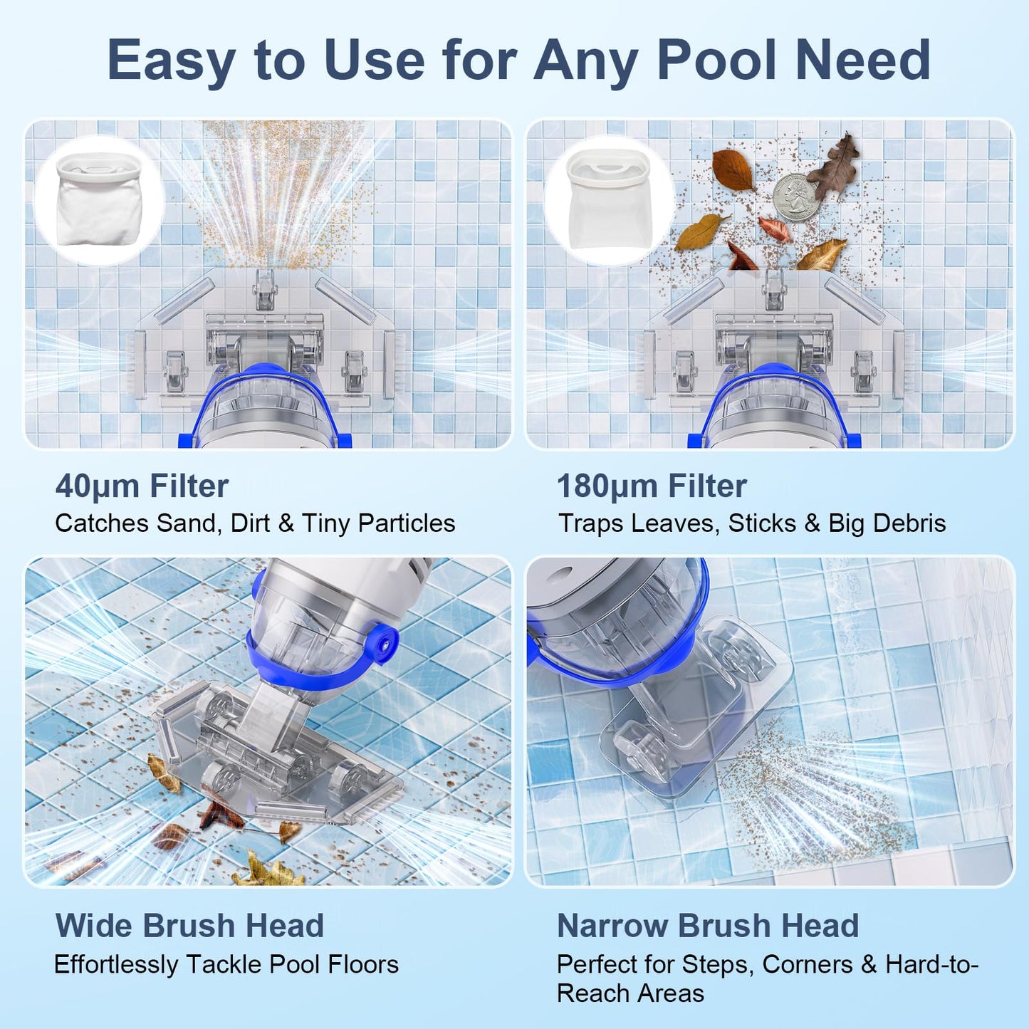 Sharkswell Upgraded Cordless Pool Vacuum with Telescopic Pole, 60 Min Powerful Suction & Transparent Head, Rechargeable Handheld Cleaner for Above Ground Pools, Inground Pools, Hot Tubs and Spa