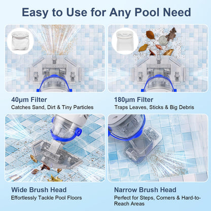 Sharkswell Upgraded Cordless Pool Vacuum with Telescopic Pole, 60 Min Powerful Suction & Transparent Head, Rechargeable Handheld Cleaner for Above Ground Pools, Inground Pools, Hot Tubs and Spa