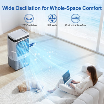 Uthfy 2800 CFM Portable Swamp Cooler, Evaporative Air Cooler for Room with 9.5 Gal Detachable Water Tank, 120 Oscillating Outdoor Cooling Fan, Remote, 12H Timer, 4 Ice Packs for Indoor, Garage, Patio