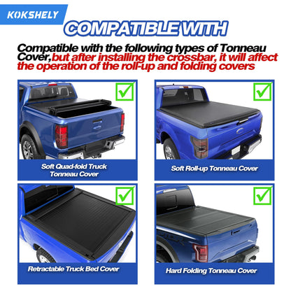 Adjustable 65.4”Truck Bed Rack Cross Bars（2-Pack） for Mid-Size Trucks with Soft Roll-Up, Hard Rolling,Tri-Fold, Retract Hard Tonneau Covers|Aluminum Cross Bars|Compatible with Kayak Racks, Bike Racks
