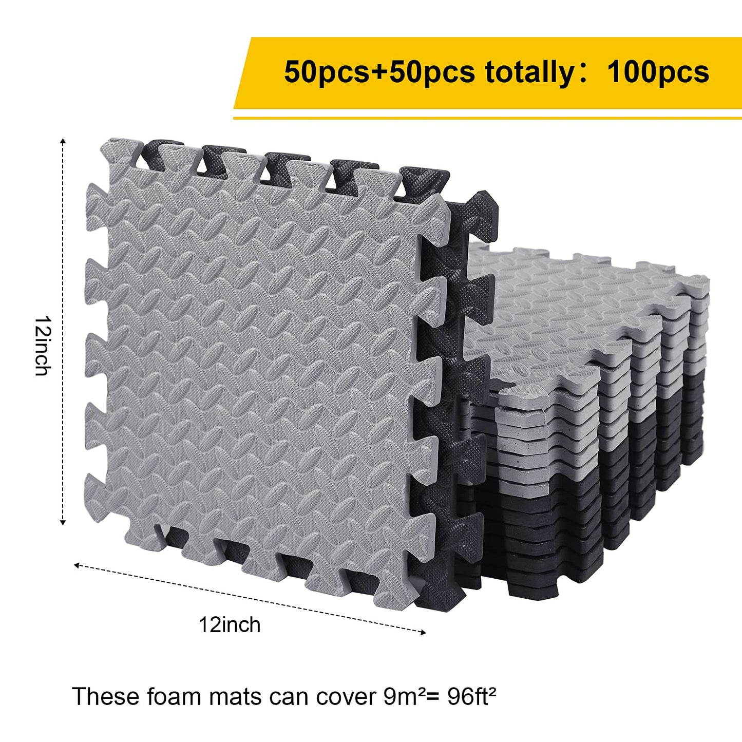 Ecally 100 Pcs 12 x 12 Gym Mat Foam Floor Mats for Home Gym Covers 96 Sq Ft Puzzle Exercise Square Interlocking Carpet Tiles with Border for Workouts Equipment Yoga Pilates (Black,Gray)