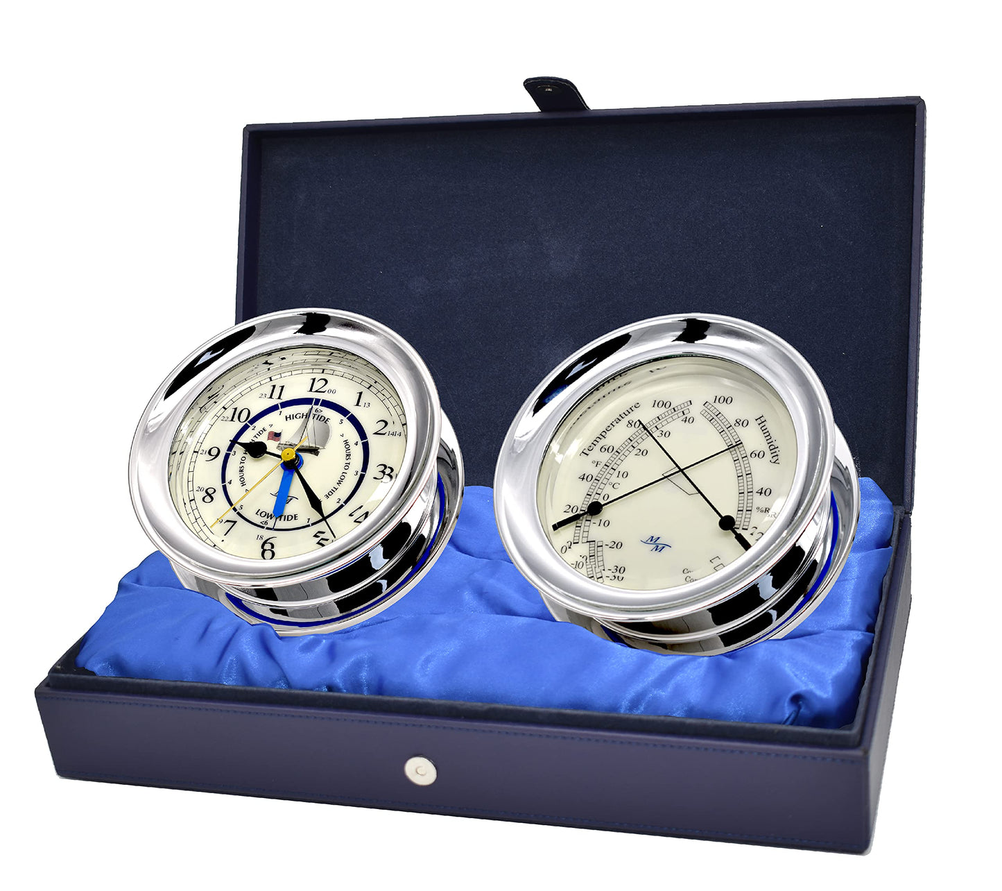 MASTER-MARINER Patriot Collection, Nautical Windlass Gift Set, 5.85” Diameter Time & Tide Clock and Comfort Meter Instruments, Chrome Finish, Ivory Patriot dial