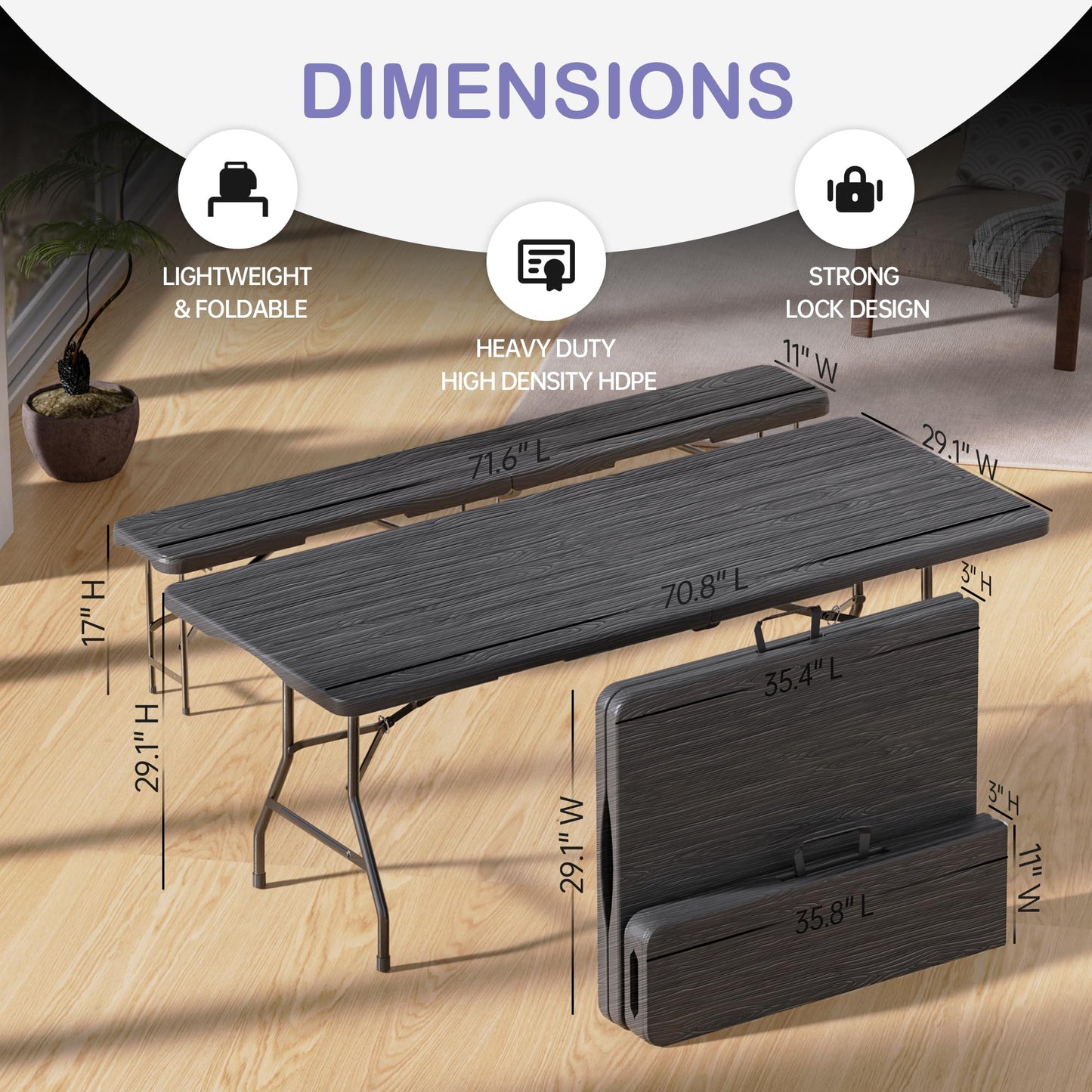 VSOAEIL 6 Foot Folding Picnic Table Set with 2 Benches, HDPE Tree Pattern Top, 3-Piece Portable Indoor Outdoor Furniture with Safety Locks & Handle for Party Camping, Black