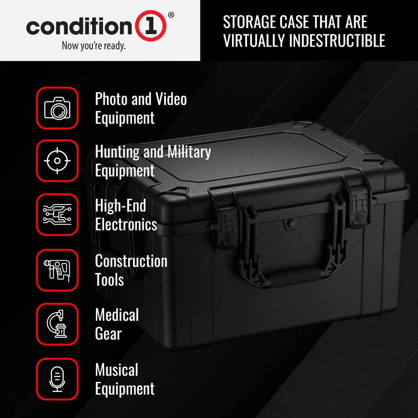 Condition 1 25" Large Heavy-Duty Protective Waterproof Hard Case, Model 024, Portable Storage Box with Customizable Foam, Camera, Tool, Hunting, Made in USA, 24.27"x19.40"x13.57" Black