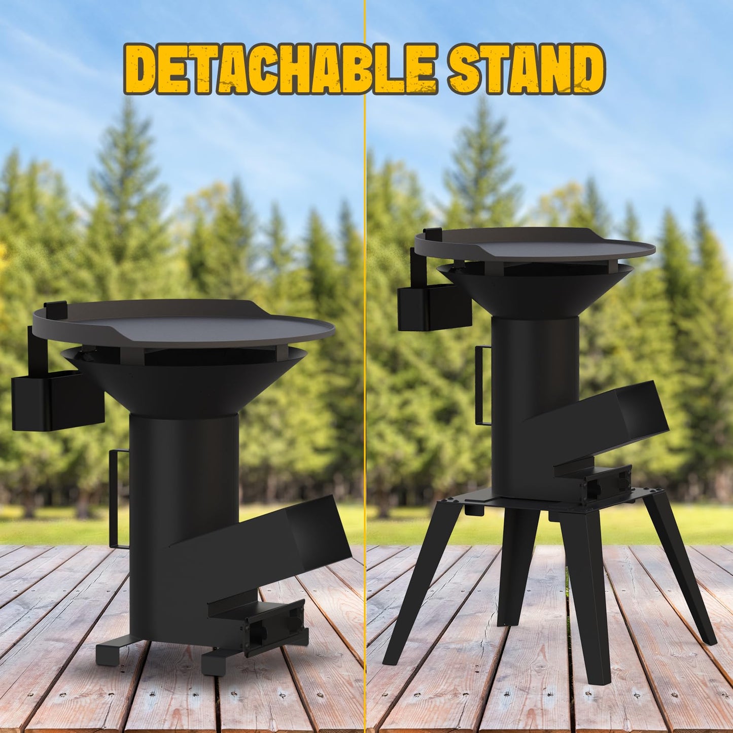 ONLYFIRE GRILLS 3-in-1 Camp Rocket Stove Kit with BBQ Grate, Griddle, Pot Rack, Portable Wood Burning Stove with Detachable Stand, Camping Gear for Outdoor Cooking Patio Barbecue RV Tailgating, GS345