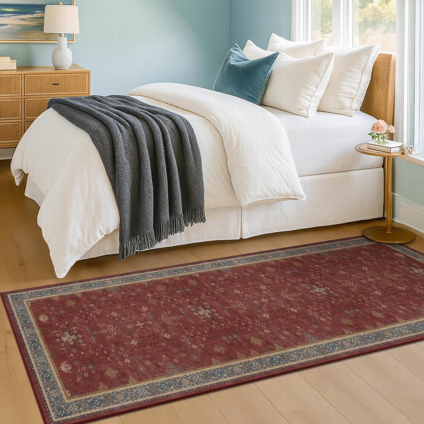 Turkish Kitchen Runner Rugs by [Brand Name] - Non-Skid & Washable | Dark Red, Ideal for Hallway & Bedroom