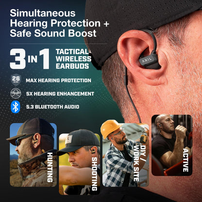 AXIL GS Extreme 3.0 Shooting Ear Protection – Black - Hearing Enhancement & Noise Isolation Bluetooth Earbuds – 5X Hearing Protection for Shooting, Travel, Work and Concerts