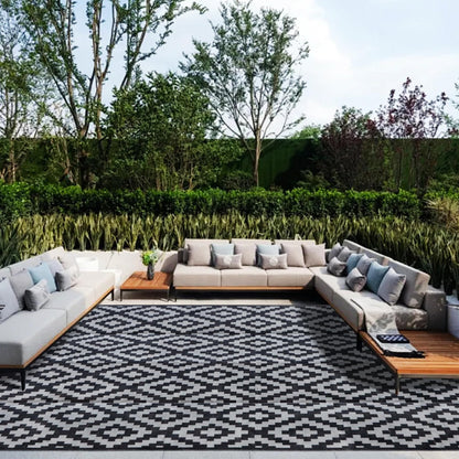 SAND MINE Waterproof Outdoor Rug 10x20 ft, Plastic Reversible Rug, Modern Area Rug, Large Floor Mat for Outdoors, RV, Patio, Backyard, Deck, Picnic, Beach, Camping, Black & Grey