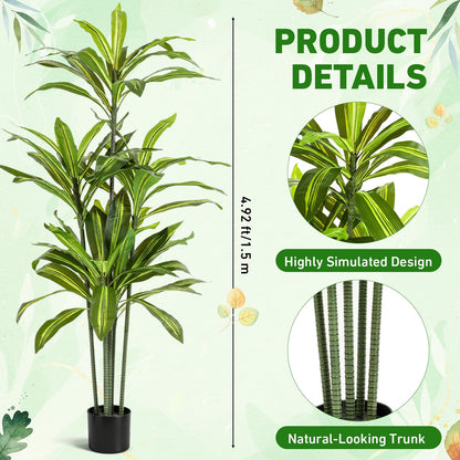 Giegxin 2 Pack 5 FT Artificial Dracaena Tree, Indoor Fake Tree with Black Stable Planter, Natural Wood Trunk & Lifelike Leaves Dracaena Plants for Home Living Room Porch Office Housewarming Gift