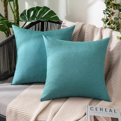MIULEE Decorative Outdoor Throw Pillow Covers - Waterproof Faux Linen Cushion Cases | 16x16 Inch Turquoise, Set of 2