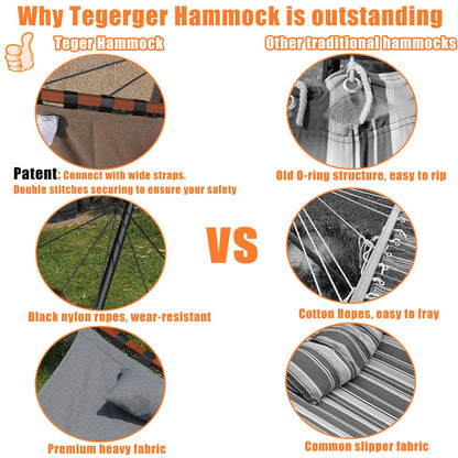 TegerDeger 12FT 2 Person Hammock with Stand Included 55 x 79IN Large Hammock 450LB Capacity with Hardwood Spreader Bar & Nylon Rope for Outside, Patio, Garden, Backyard, Beach, Poolside - Brown