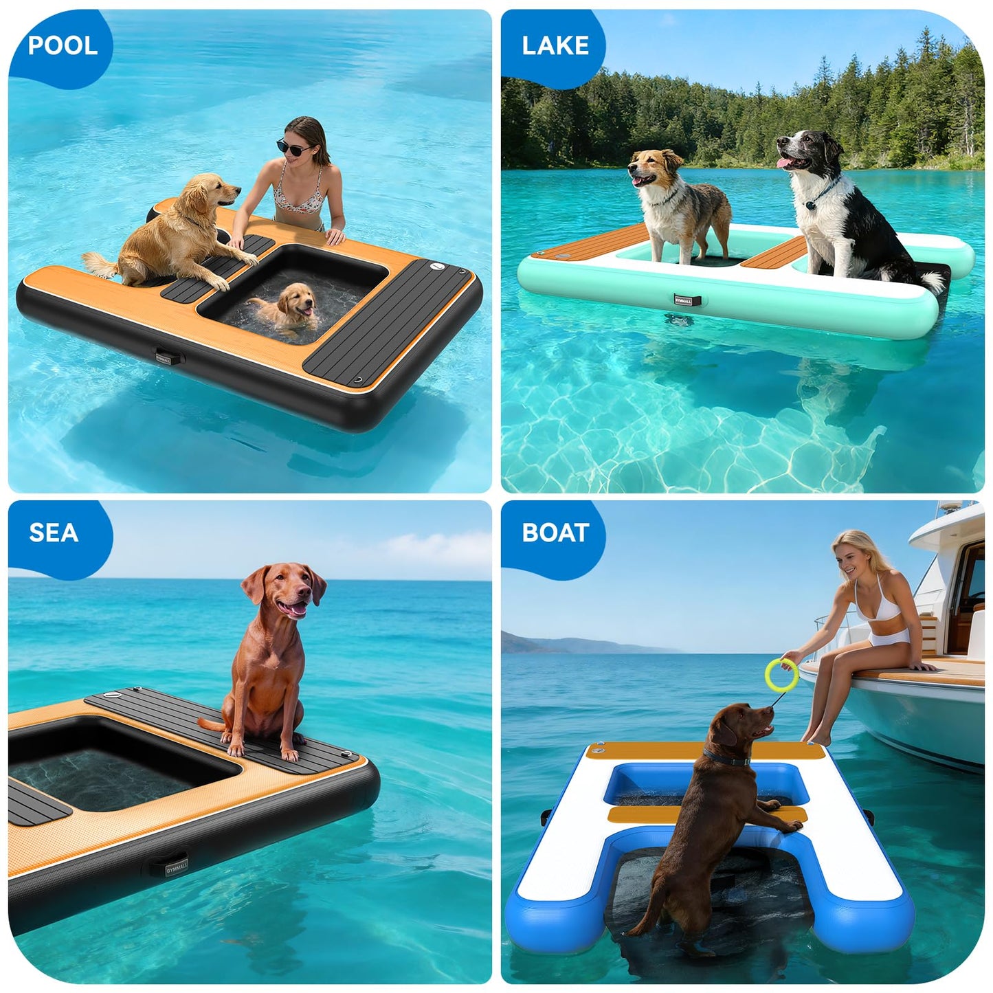 GYMMALL Large Dog Dock Ramp with Water Hammock 5.6 * 4ft, Inflatable Dog Water Ramp Platform 6 inch Thickened for Boat Pool Lake Sea, PVC Floating Boat Ramp for Dogs up to 330lbs, Dog Boat Ramp Blue