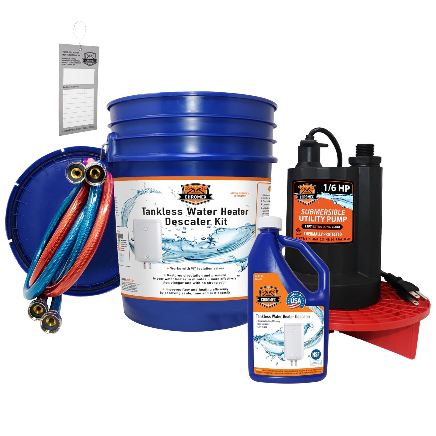 Chromex Tankless Water Heater Flush Kit with NSF Certified Liquid Descaling Solution and 1/6HP Extra Strength Pump