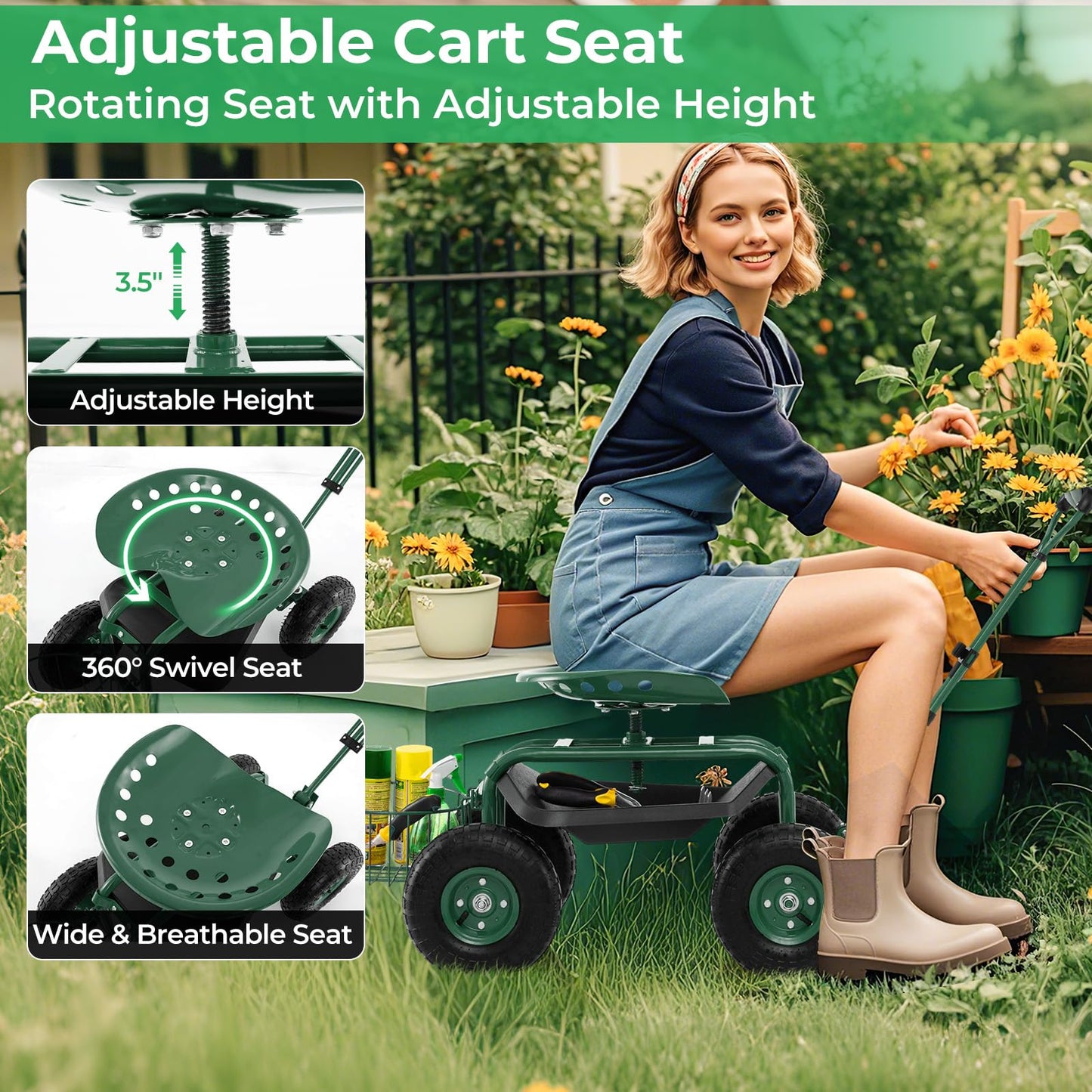 DORTALA Heavy Duty Garden Cart Work Seat w/360 Swivel Seat and Storage Basket, 4-Wheel Rolling Planting Cart w/Tool Tray Extendable Steering Handle Height Adjustable Seat for Gardening, Green