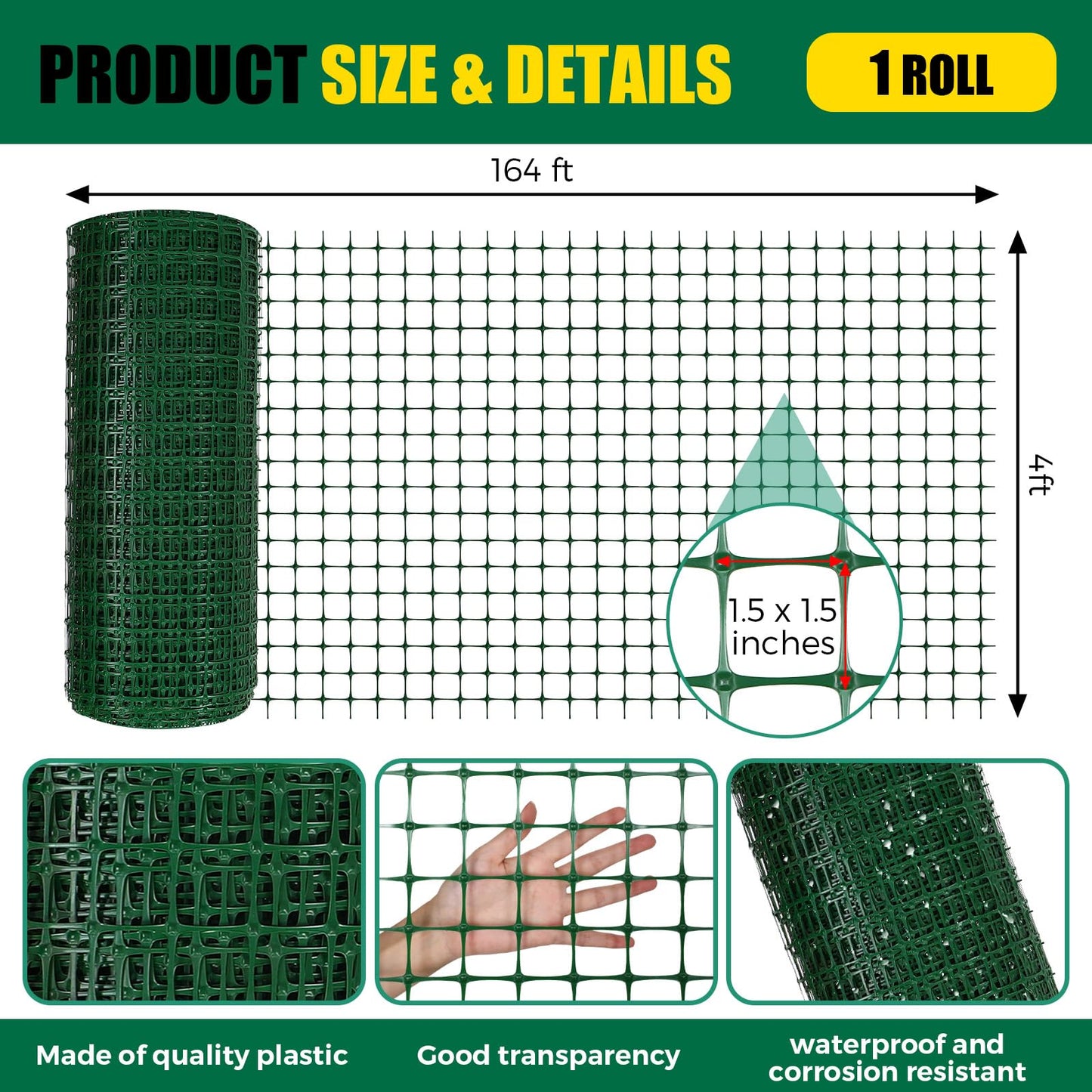 Preboun 4 x 164 ft Plastic Mesh Fence Plastic Safety Fence Roll Reusable Animal Construction Barrier Netting Temporary Pool Fencing Snow Fences for Construction Animal Garden Fencing(Green)