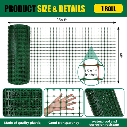 Preboun 4 x 164 ft Plastic Mesh Fence Plastic Safety Fence Roll Reusable Animal Construction Barrier Netting Temporary Pool Fencing Snow Fences for Construction Animal Garden Fencing(Green)