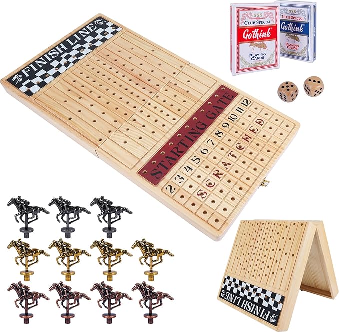 Large 23 inches Horse Race Board Game Premium Durable Foldable Wooden Box Horse Racing Game with 11 Retro Metal Horses 2 Dices and 2 Playing Cards Fun Family Night Games for Adults Kids