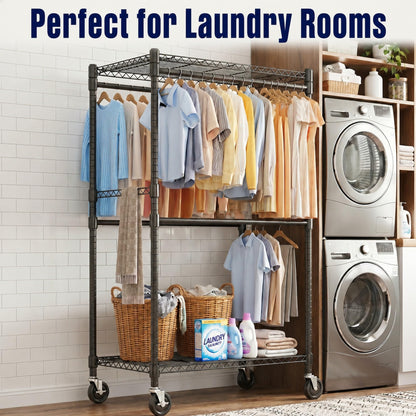 Homdox Heavy Duty Rolling Clothes Rack, Adjustable Clothing Rack for Hanging Clothes, Portable Closet Rack with 4 Hanging Rods, 2 Storage Shelves, 35.5" W x 20.5" D x 80" H, Black