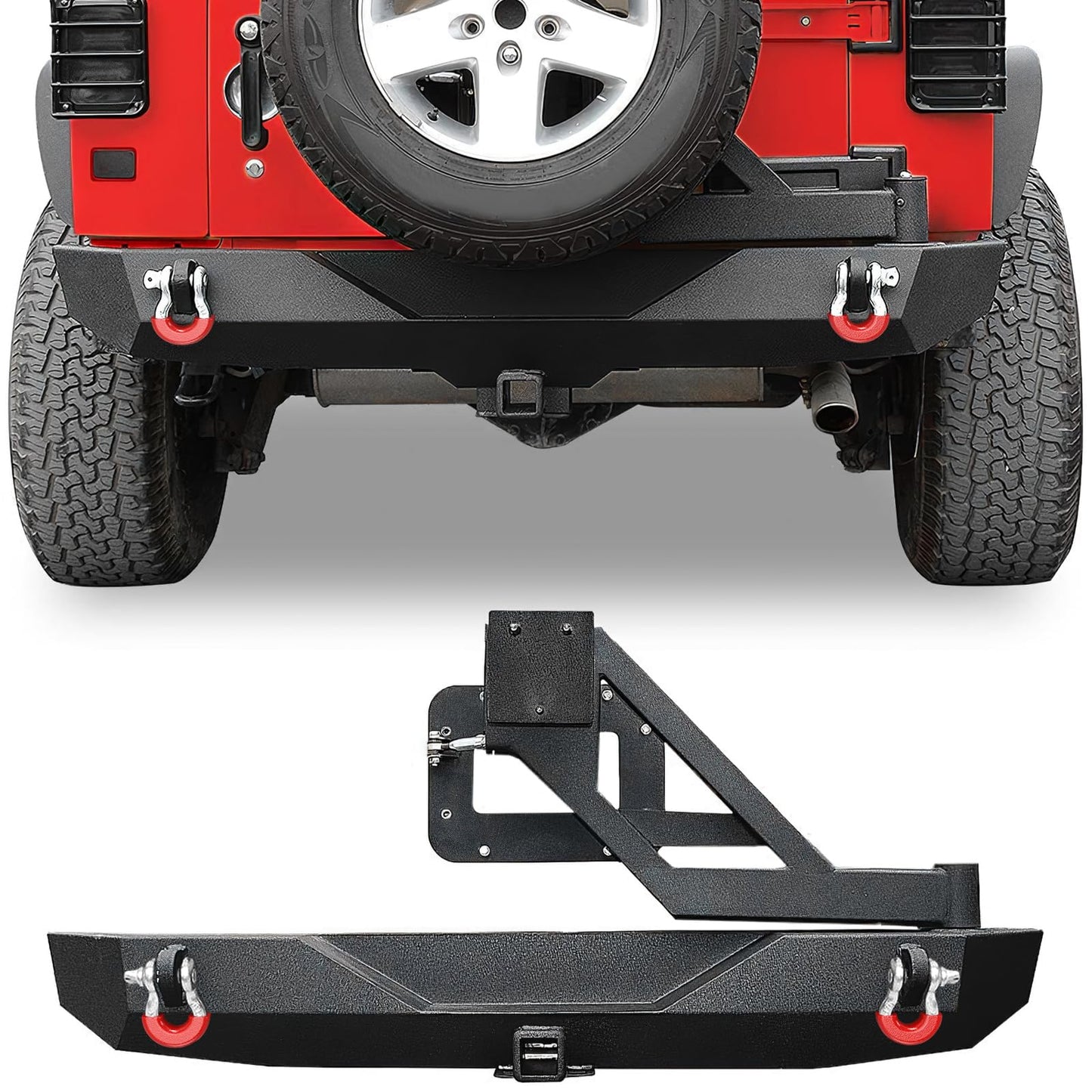 YITAMOTOR Rear Bumper with Tire Carrier Compatible with 2007-2018 Jeep Wrangler JK & Unlimited JKU, Off Road Rock Crawler Full Width Black Bumper w/2" Hitch Receiver & D-Rings